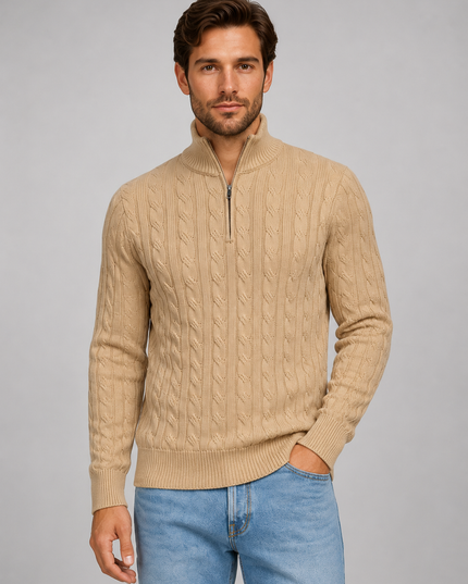 メンズ ハーフジップ スタンドカラー ケーブルニット
