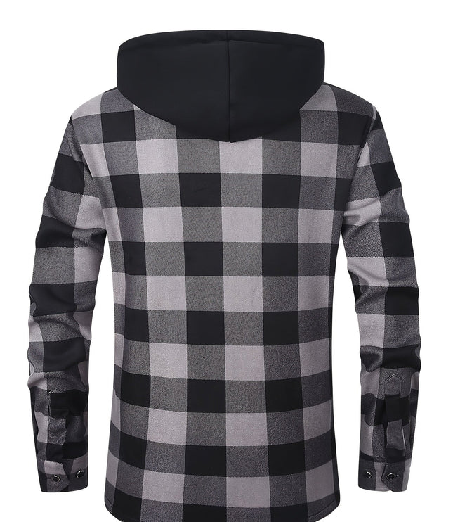 メンズ フード付き チェック柄 裏地付き ゆったりネルシャツ