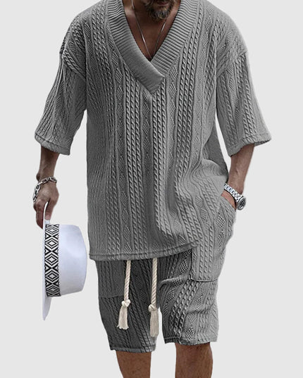 メンズ半袖ケーブルニットトップスショートパンツセットアップ