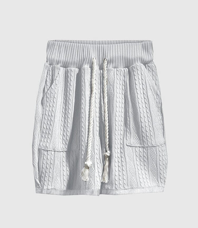 メンズ半袖ケーブルニットトップスショートパンツセットアップ