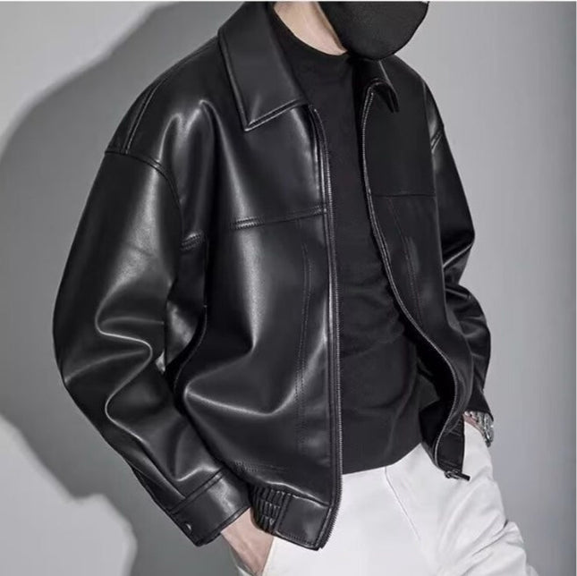 メンズ スリムフィット ジップアップ レザージャケット