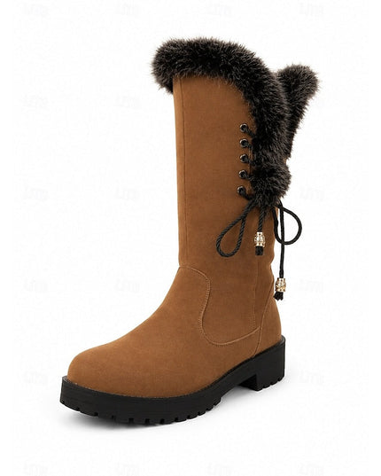 レディース ファー付き 編み上げ 太ヒール ニーハイブーツ