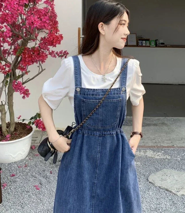 レディース ハイウエスト ミモレ丈 デニムサロペットスカート