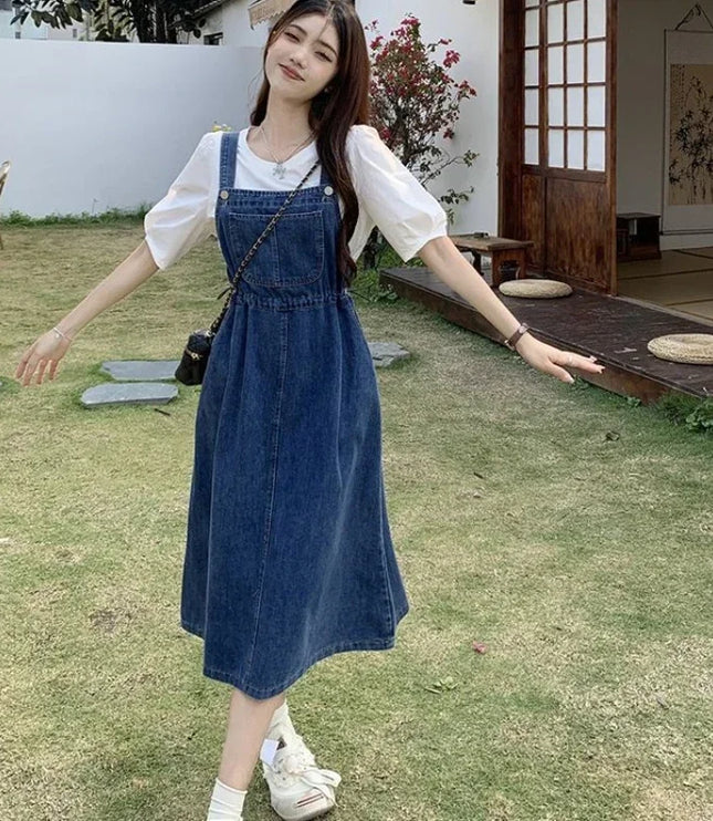 レディース ハイウエスト ミモレ丈 デニムサロペットスカート