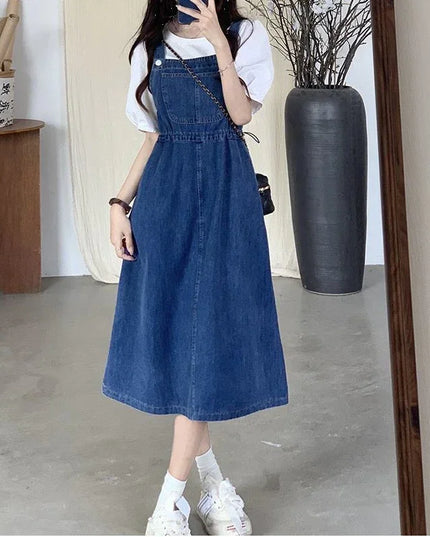 レディース ハイウエスト ミモレ丈 デニムサロペットスカート
