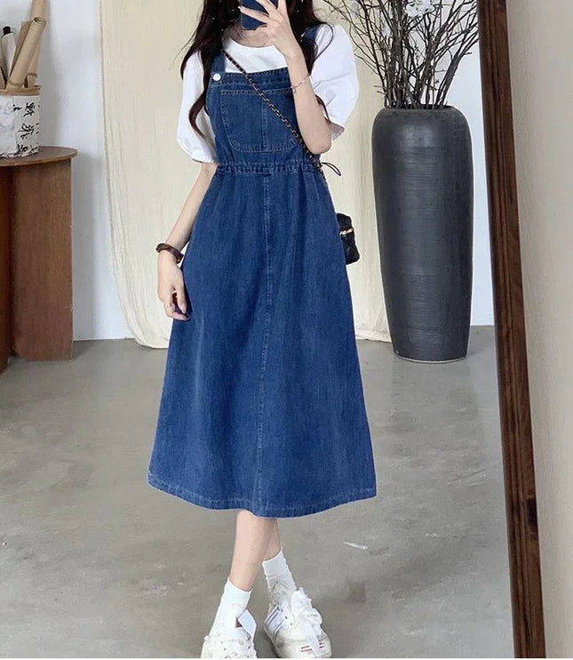 レディース ハイウエスト ミモレ丈 デニムサロペットスカート