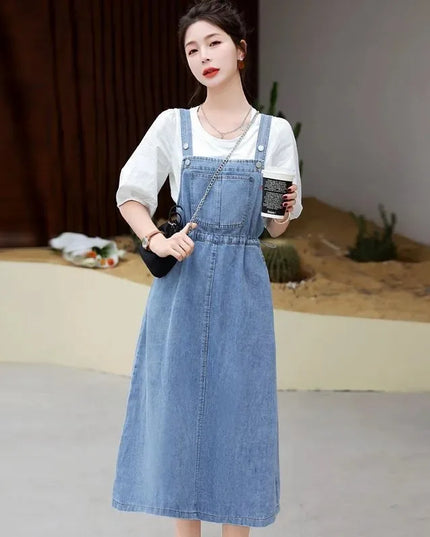 レディース ハイウエスト ミモレ丈 デニムサロペットスカート