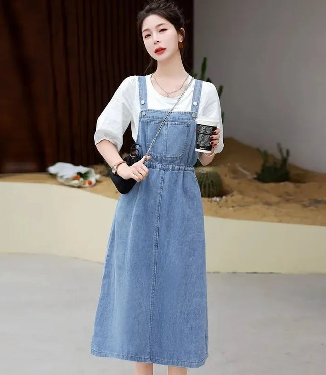 レディース ハイウエスト ミモレ丈 デニムサロペットスカート