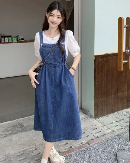 レディース ハイウエスト ミモレ丈 デニムサロペットスカート