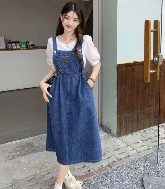 レディース ハイウエスト ミモレ丈 デニムサロペットスカート