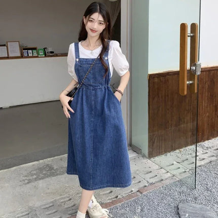 レディース ハイウエスト ミモレ丈 デニムサロペットスカート