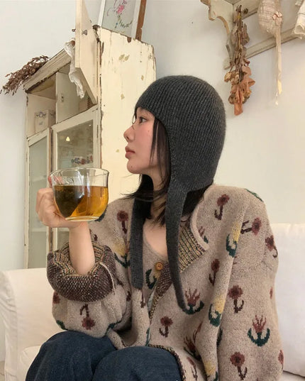 レディース 紐付き ニット 耳あて付き帽子