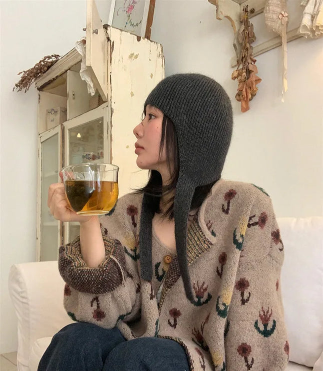 レディース 紐付き ニット 耳あて付き帽子