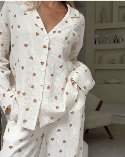 レディース ハート柄 ロング丈 裾フレア パジャマ