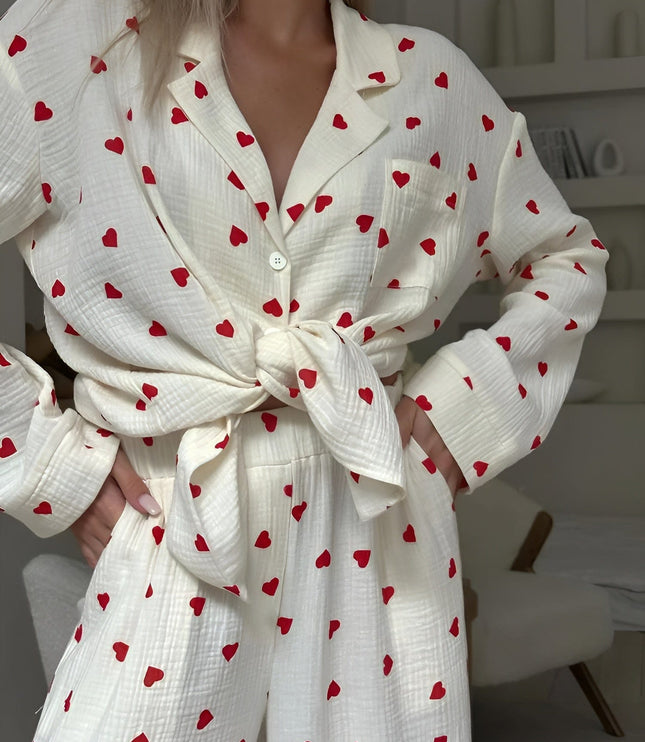 レディース ハート柄 ワッフル生地 パジャマ