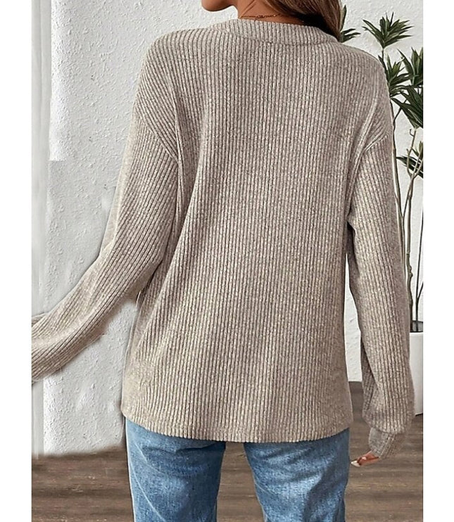 レディース リブ編み ヘンリーネック ポケット付き 長袖Tシャツ