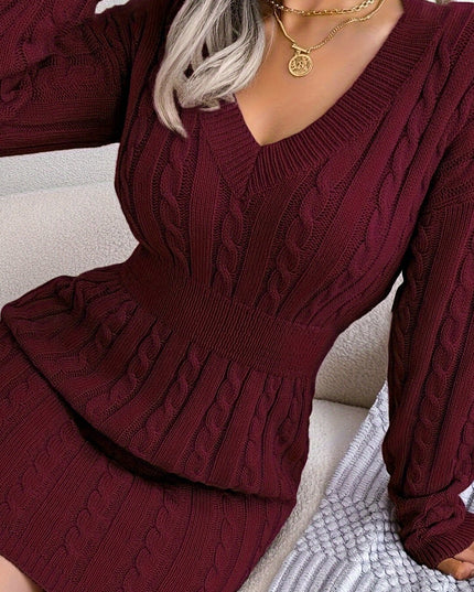 レディース Vネック ケーブル編み 長袖ニットワンピ